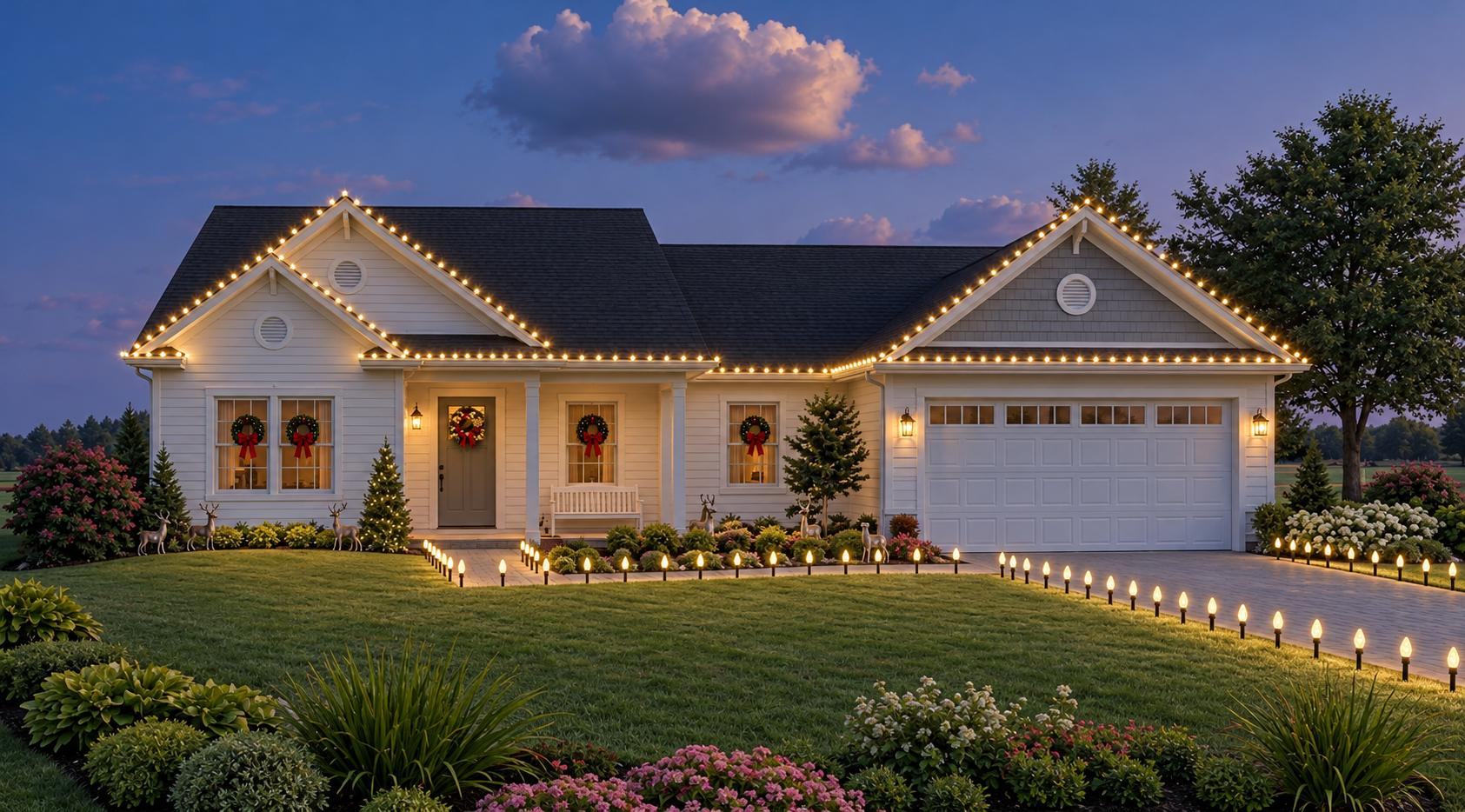 Example home lit with Cash’s Christmas Classic package